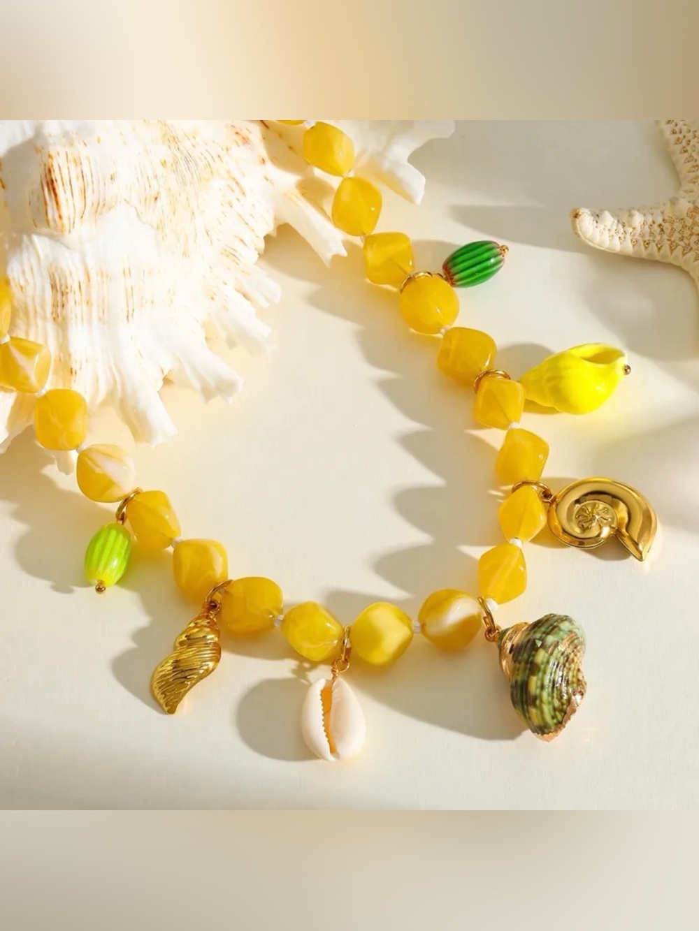 Yellow Shell Charm Beaded Necklace - Women Beach Jewelry - Picture 3 of 5